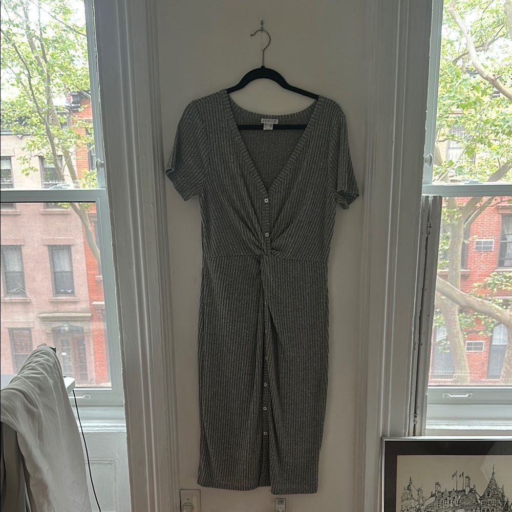VENUS Gray Ribbed Wrap Midi Dress